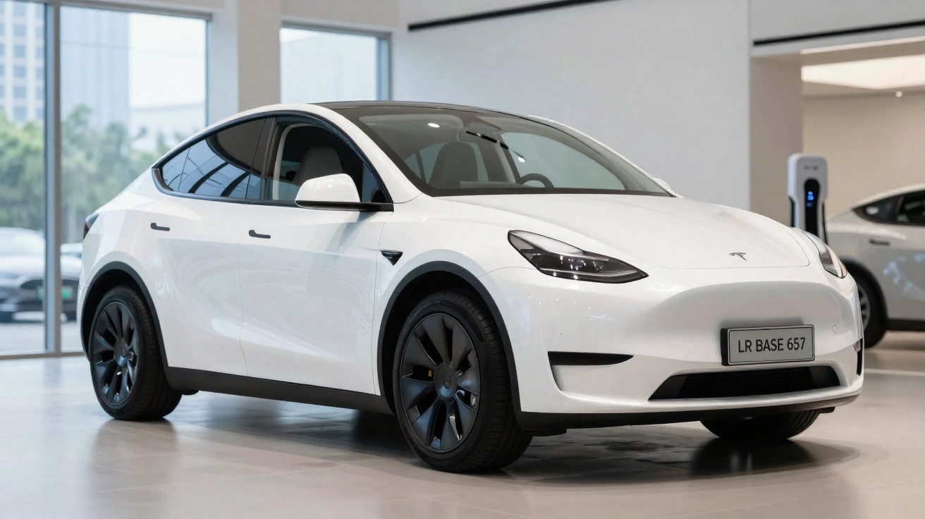 Carro elétrico branco Tesla Model Y em exposição interna com ambiente urbano ao fundo.