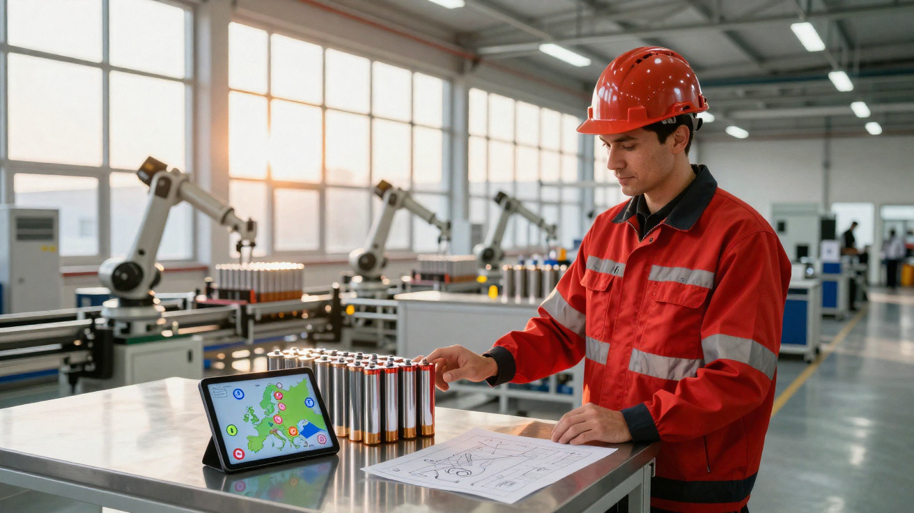 Homem com capacete e jaleco vermelho inspeciona baterias em fábrica com robôs industriais ao fundo.