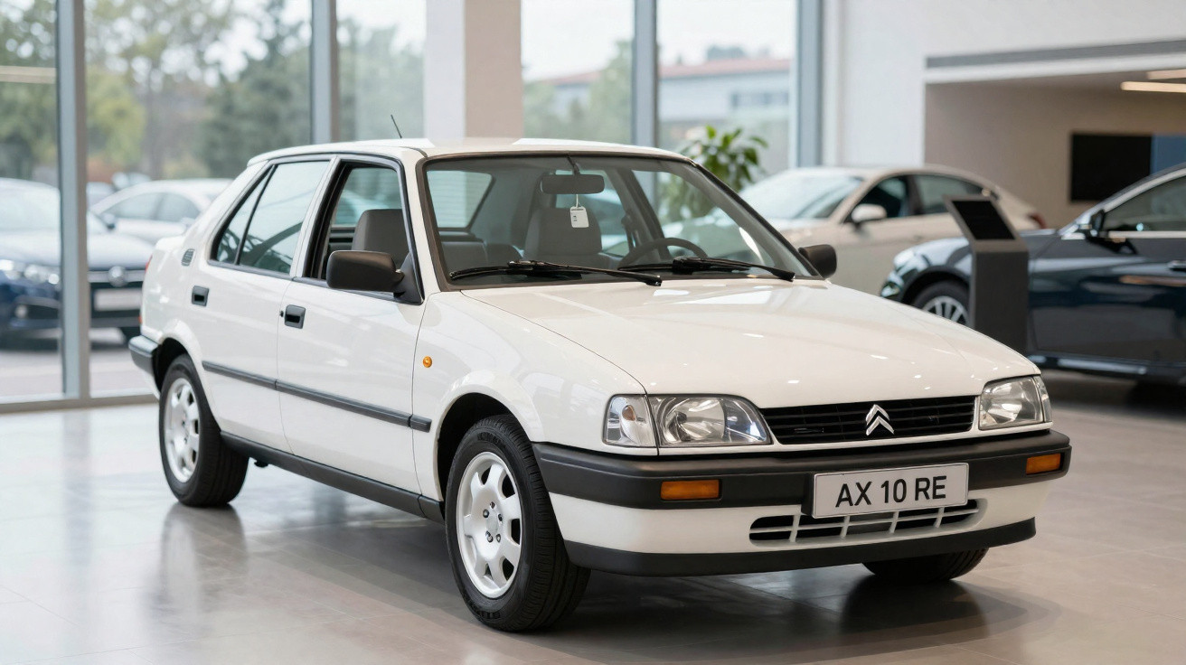 Carro Citroën AX branco 4 portas em exposição interna com outros carros ao fundo.