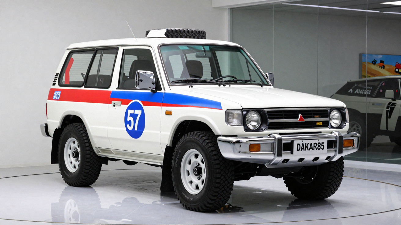 Carro Mitsubishi Pajero branco com adesivos de corrida, número 15, em exposição interna.