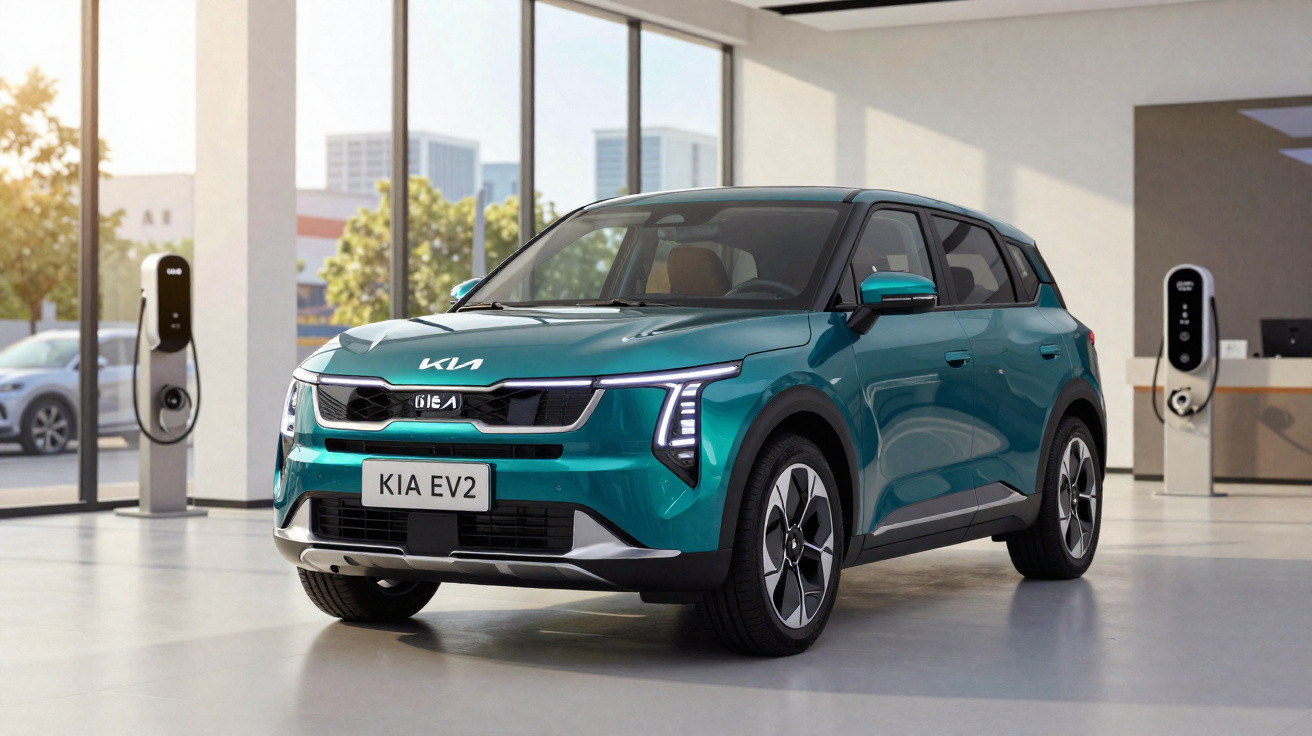 Carro elétrico Kia EV2 verde em showroom moderno com estação de recarga ao fundo.