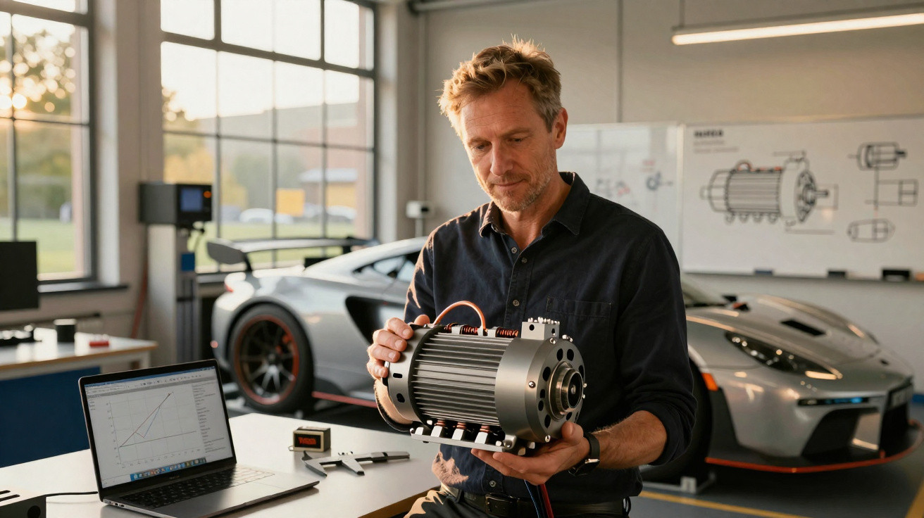 Homem segurando motor elétrico em laboratório com carro esportivo ao fundo.