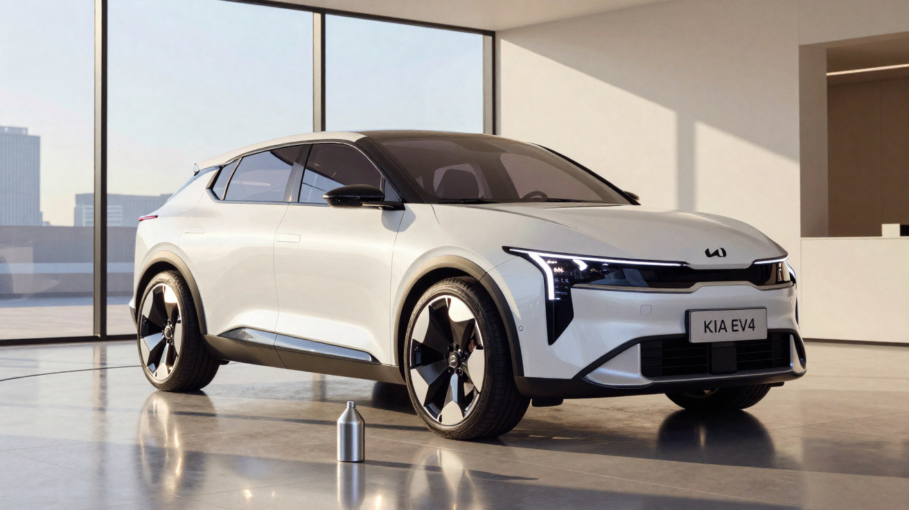 Carro elétrico branco Kia EV4 estacionado em garagem moderna com piso e janelas amplas.