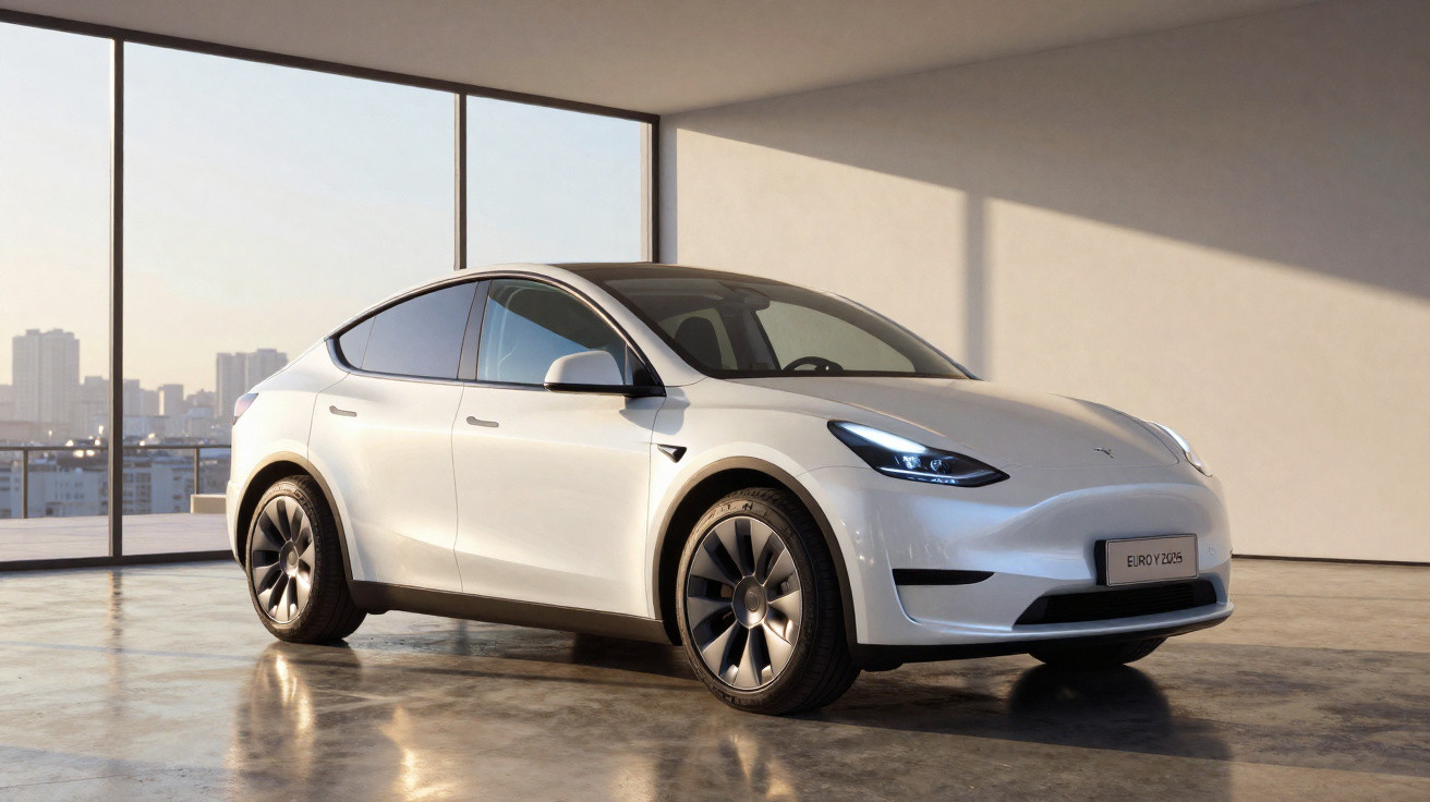 Carro elétrico branco Tesla Model Y estacionado em ambiente interno com janelas grandes e vista urbana.