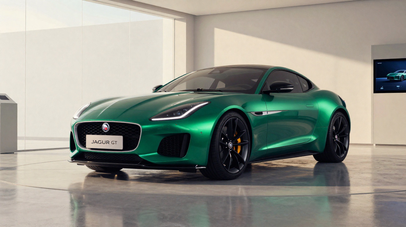 Carro esportivo verde Jaguar F-Type estacionado em ambiente moderno com piso refletivo e parede branca.