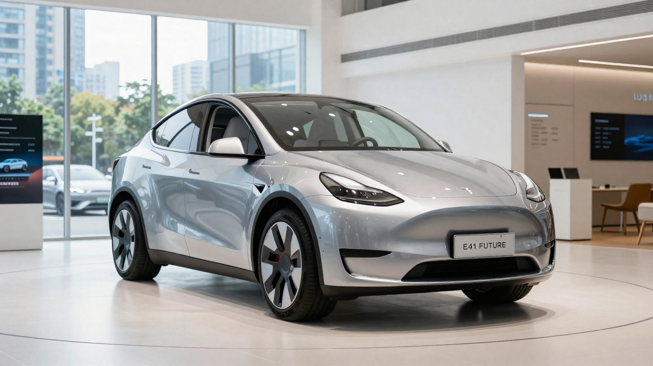 Carro elétrico Tesla Model Y branco em exposição em showroom moderno com grandes janelas.