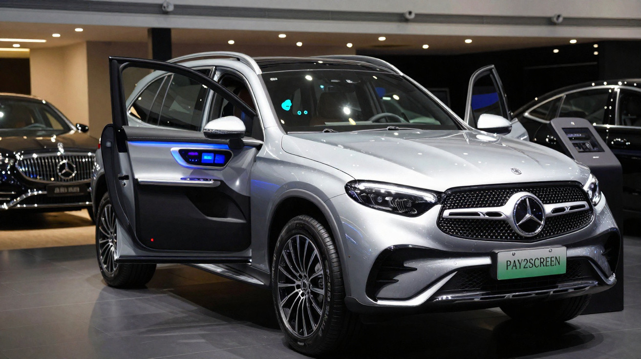 SUV Mercedes-Benz prata com portas abertas, interior com telas digitais azuis em showroom.