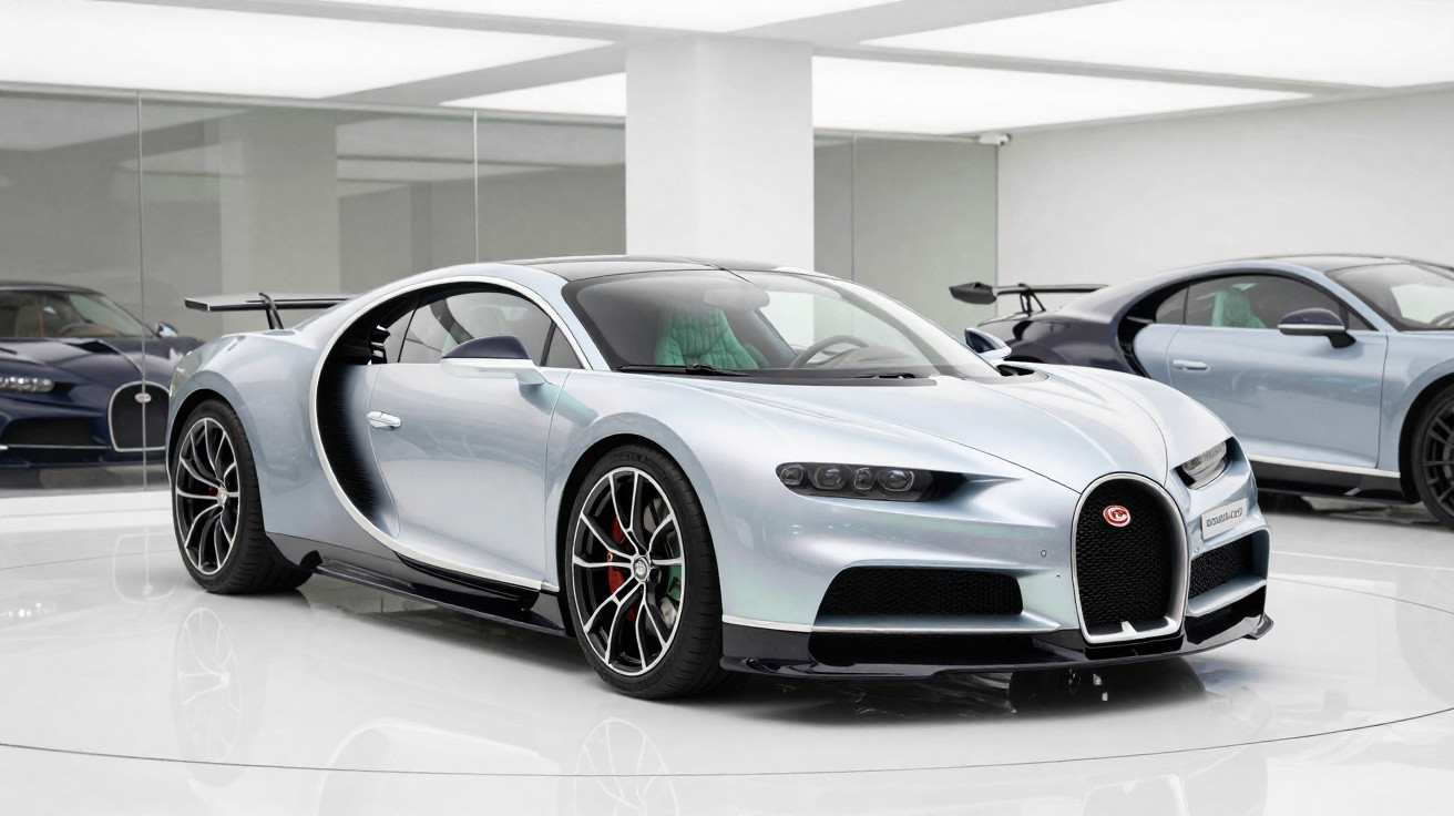Carro esportivo Bugatti Chiron prata em exposição em showroom moderno com reflexo no piso branco.