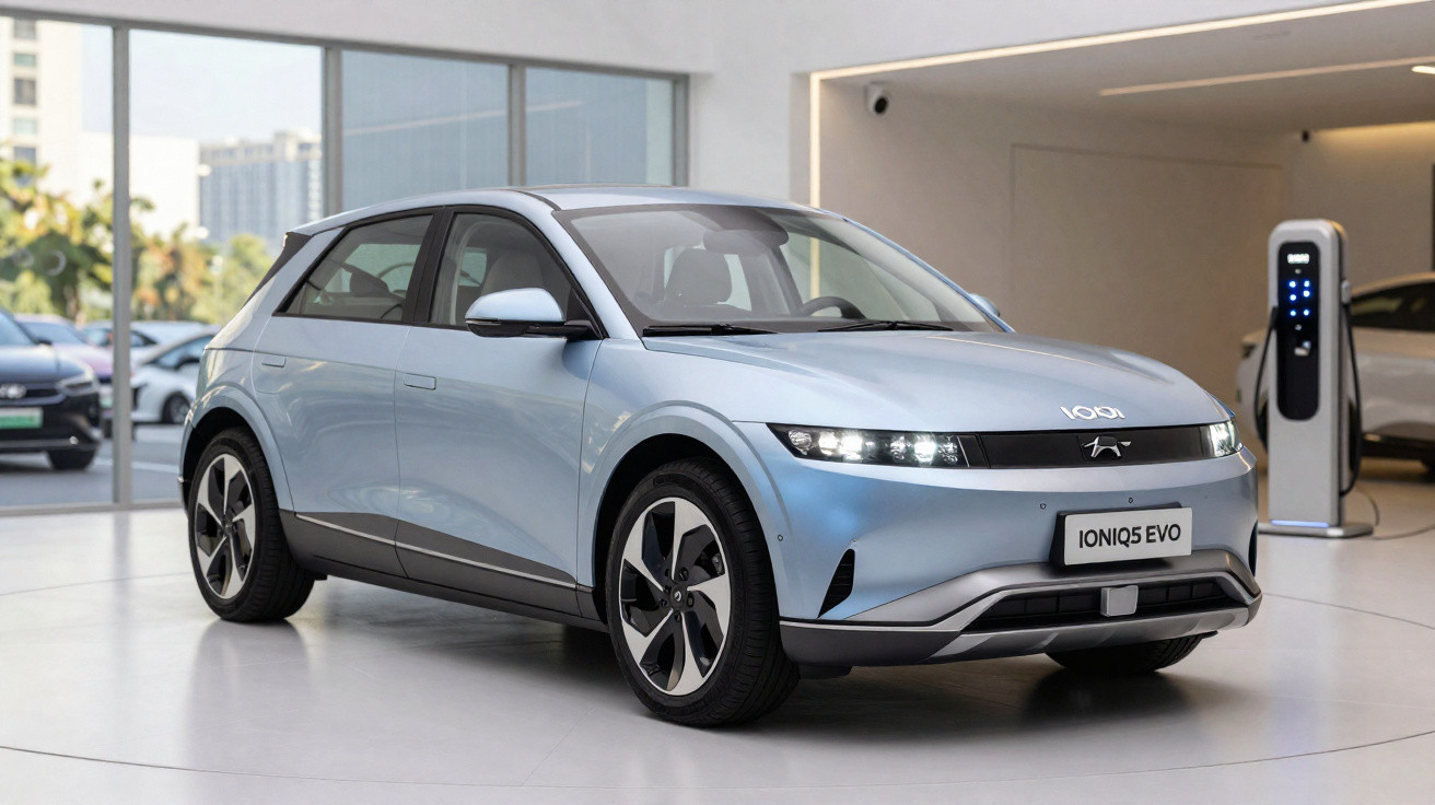 Carro elétrico Hyundai Ioniq 5 EVO prata estacionado em ambiente moderno com carregador ao fundo.