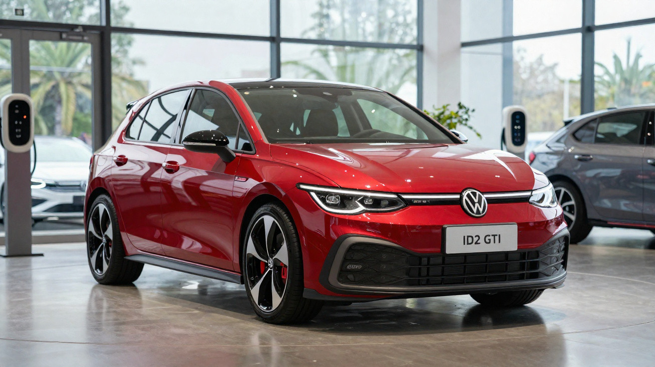 Carro elétrico vermelho Volkswagen ID2 GTI exibido em showroom moderno com janelas amplas e piso claro.
