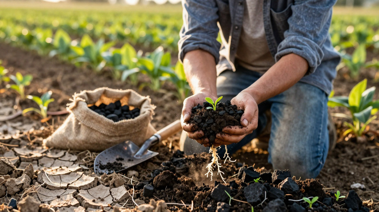 Pessoa segurando muda de planta com terra em campo agrícola, saco de adubo e pá ao lado.