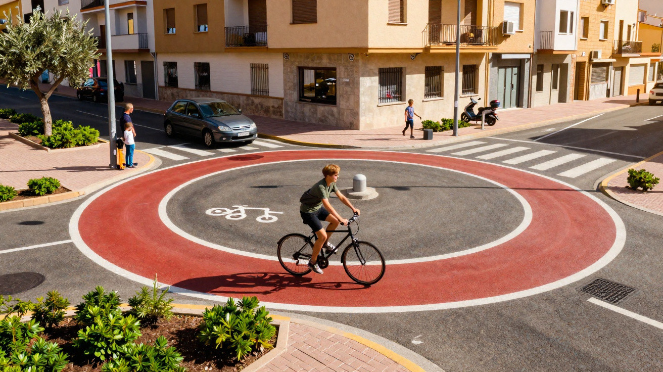 Ciclista passando por rotatória com faixa vermelha exclusiva para bicicletas em área urbana com prédios e carros.