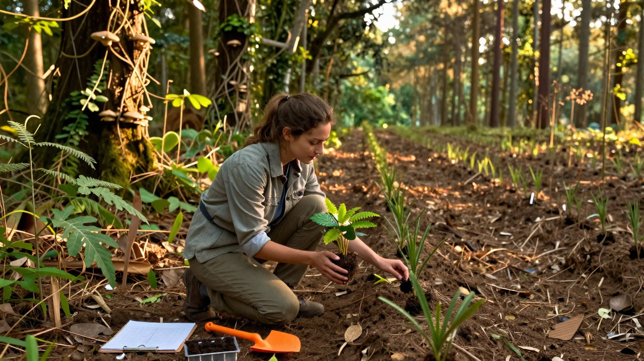 Mulher plantando mudas em fileiras organizadas em área de reflorestamento durante amanhecer.