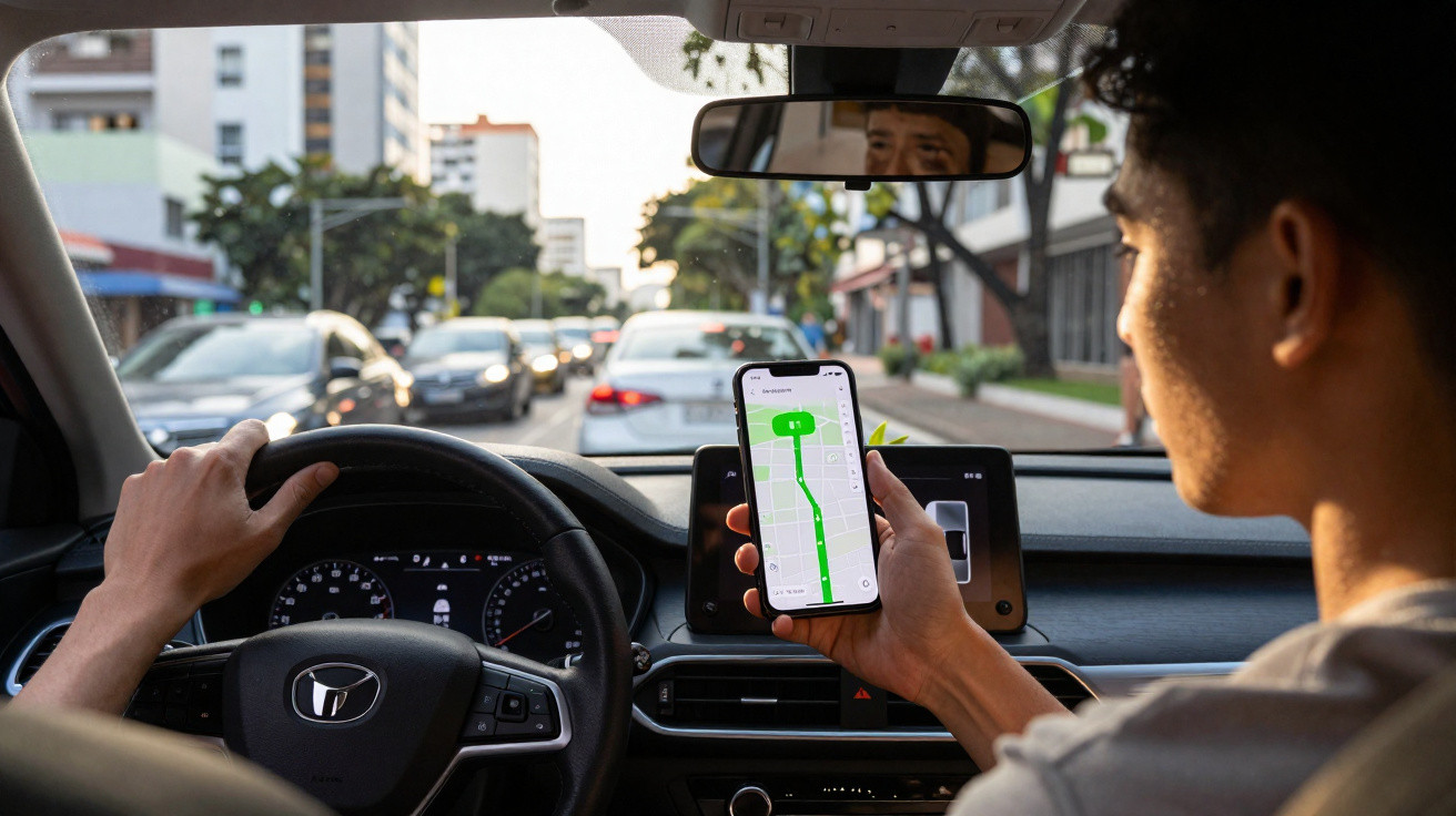 Pessoa dirigindo carro e usando celular com aplicativo de GPS na cidade em dia claro.