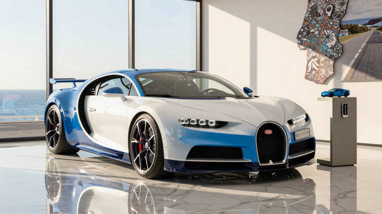 Carro esportivo Bugatti Chiron branco e azul estacionado em ambiente interno com piso de mármore.