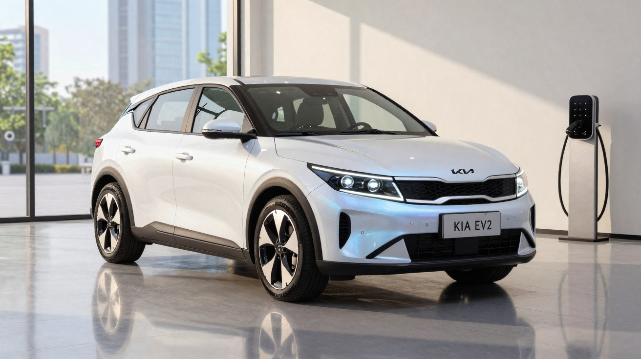 Carro elétrico branco Kia EV2 estacionado em ambiente interno ao lado de estação de recarga.