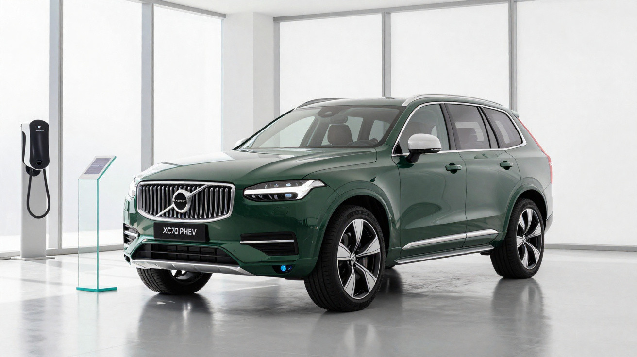SUV verde Volvo X90 PHEV estacionado em ambiente interno com estação de carregamento elétrico ao lado.