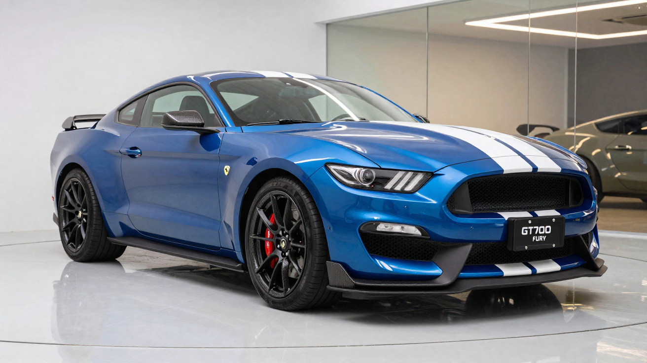 Carro esportivo azul com faixa branca GT700 FURY em garagem moderna com piso cinza brilhante.
