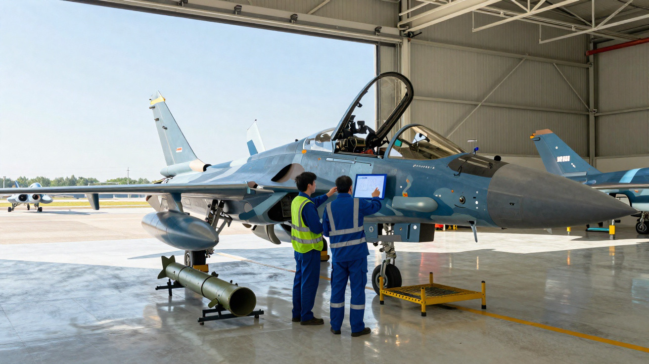 Três técnicos inspecionam um caça militar cinza em hangar com compartimento da cabine aberto.