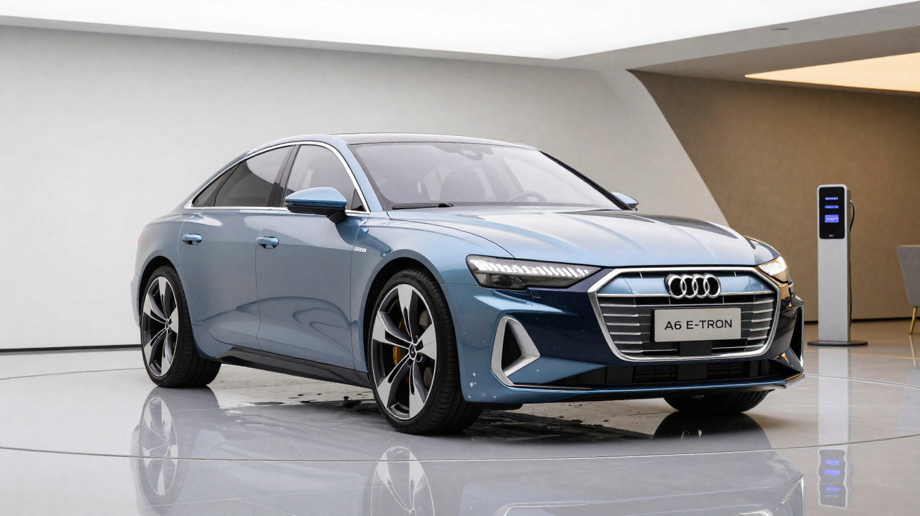 Carro elétrico Audi A6 E-Tron cinza exibido em showroom moderno com iluminação suave.