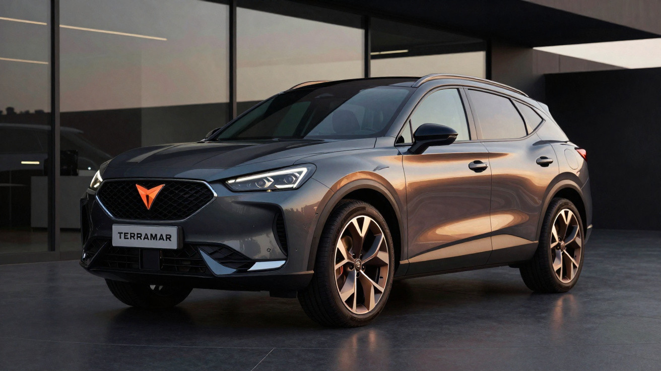 SUV cinza modelo Terramar da marca Cupra em ambiente interno moderno e iluminado.