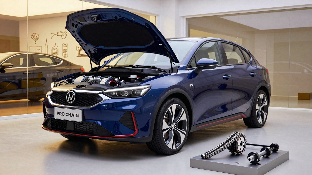 Carro azul com capô aberto exibindo motor, em showroom moderno com peça automotiva exposta em pedestal.