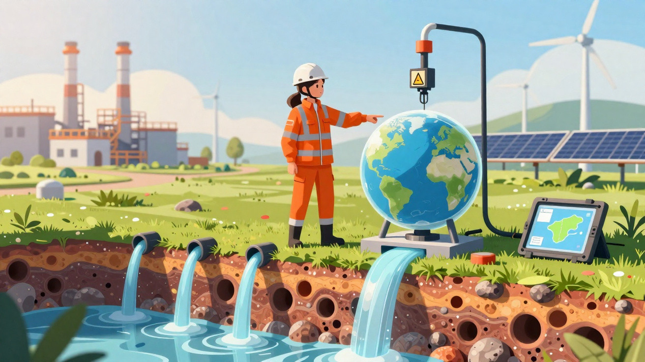 Mulher com capacete e roupa laranja observa globo terrestre em campo com fontes de energia eólica e solar.