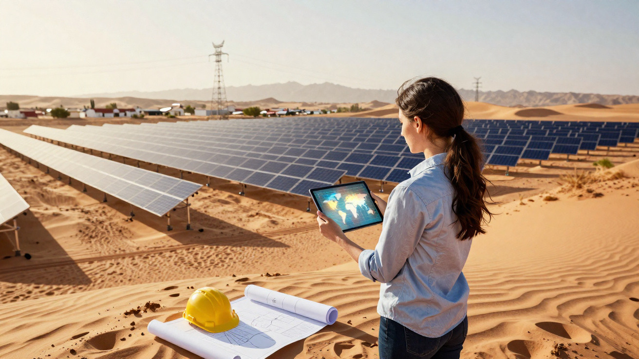 Mulher com tablet em usina solar no deserto, com capacete e planta no chão ao lado.
