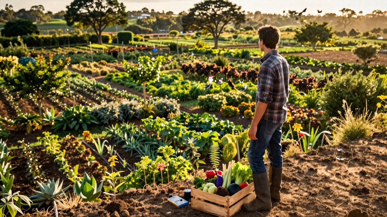 Homem observa horta ensolarada com plantas verdes e flores vermelhas ao entardecer.