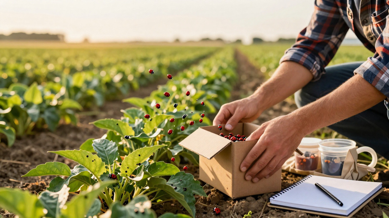 Pessoa colhendo frutos vermelhos de planta em campo, com caixa de papelão e caderno ao lado.