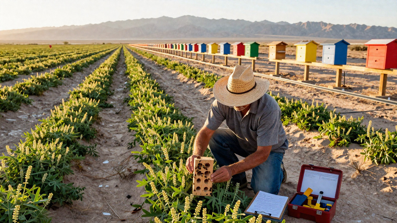 Agricultor com chapéu trabalha em plantação cuidando de colmeias para polinização no campo.