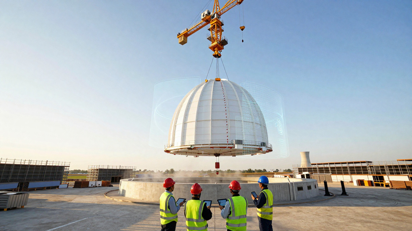 Equipe de construção observa guindaste instalando cúpula metálica em estrutura circular externa.
