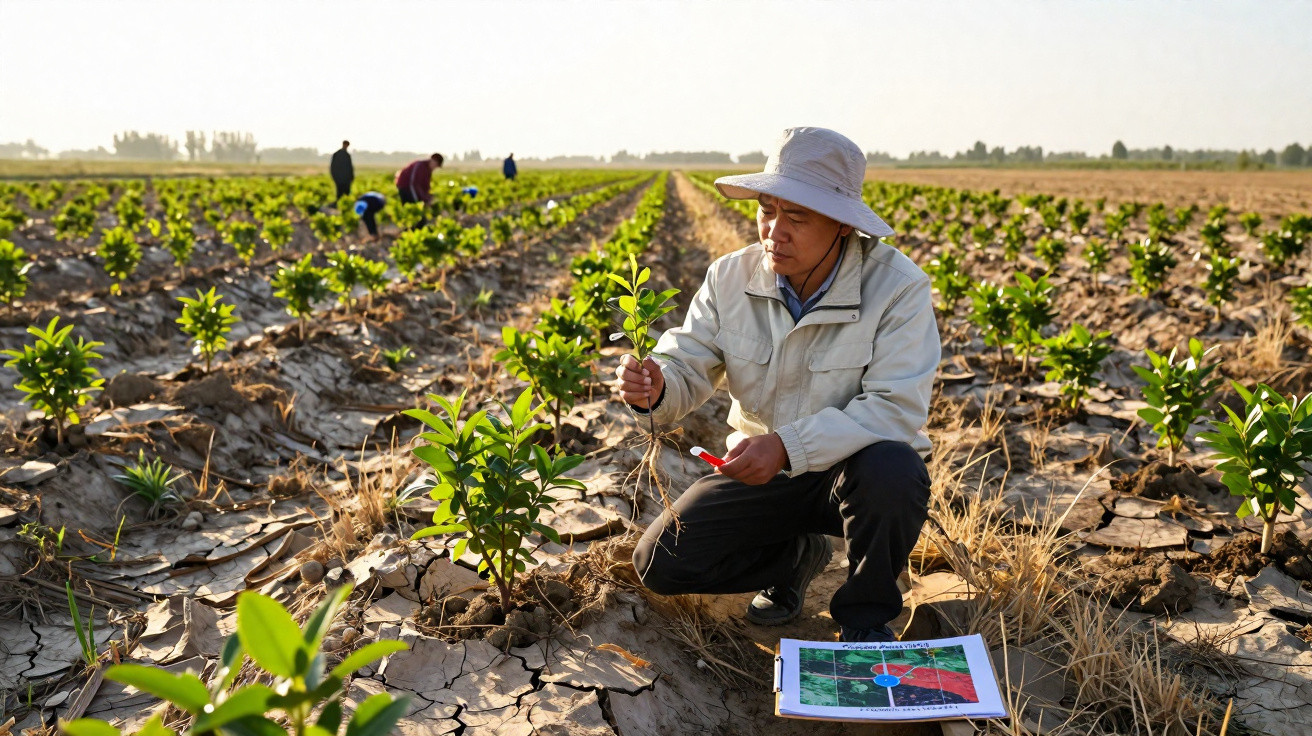Agricultor examina muda em plantação com prancheta ao chão em campo ao pôr do sol.