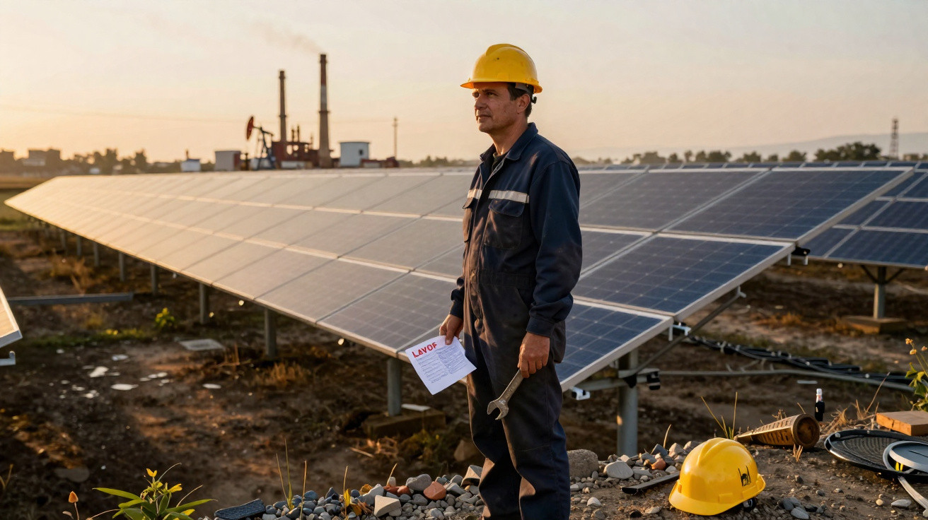 Homem com capacete amarelo e macacão de proteção em usina solar com placas fotovoltaicas ao entardecer.