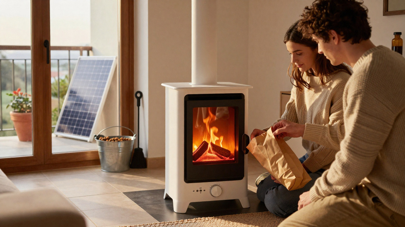 Casal alimentando lareira a lenha em ambiente interno com decoração aconchegante e luz natural.