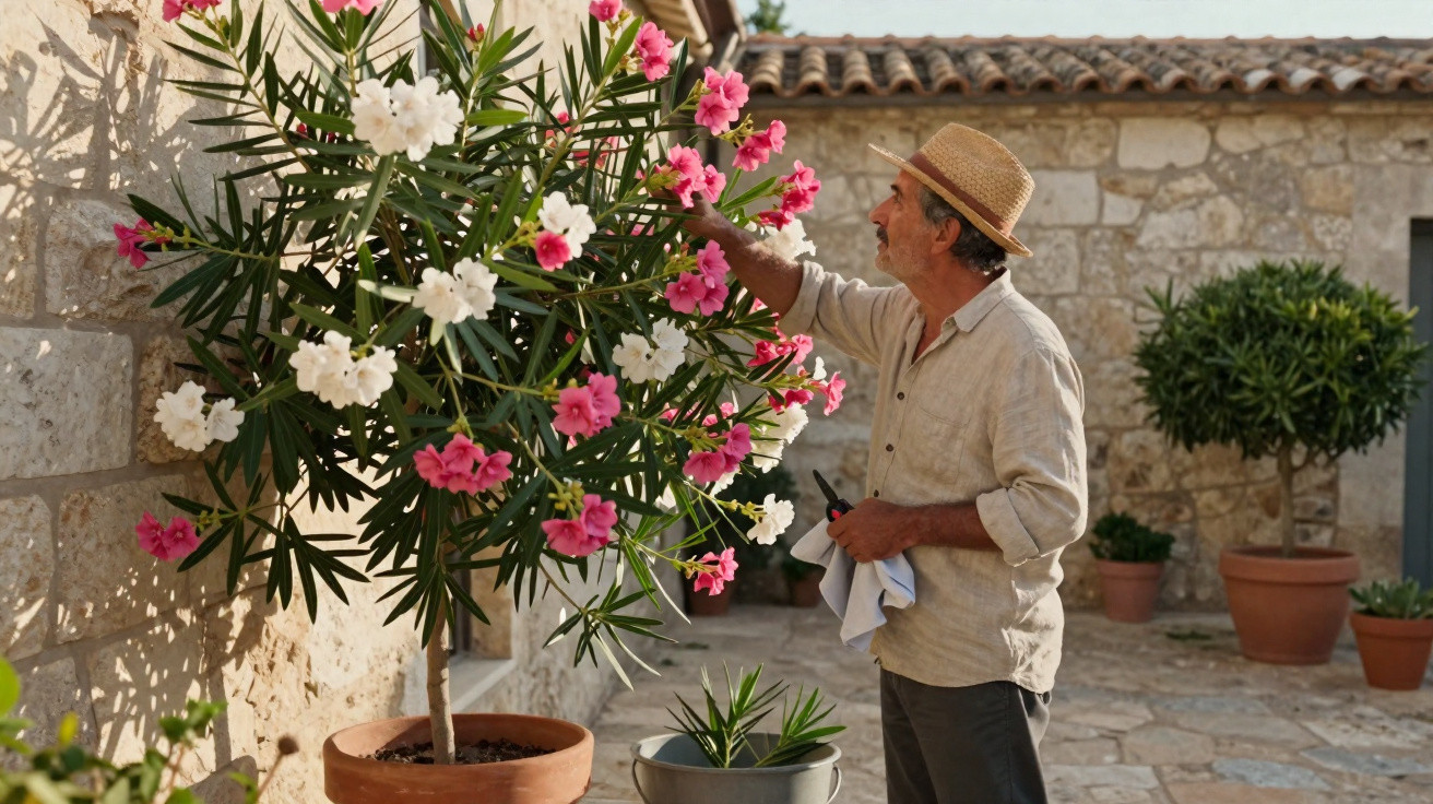 Homem com chapéu regando flores brancas e rosas em vaso na parede de pedra de um pátio ensolarado.