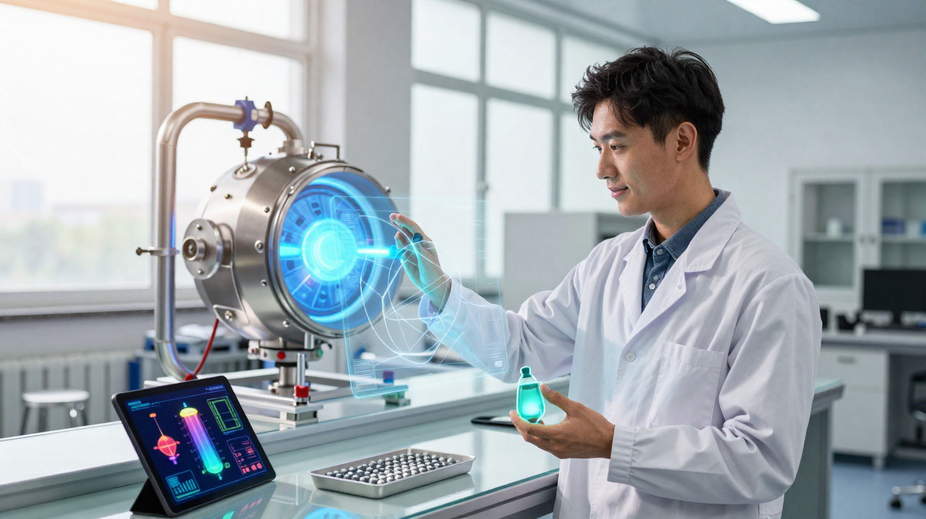 Cientista em laboratório moderno segurando frasco com líquido azul, com equipamentos tecnológicos ao redor.