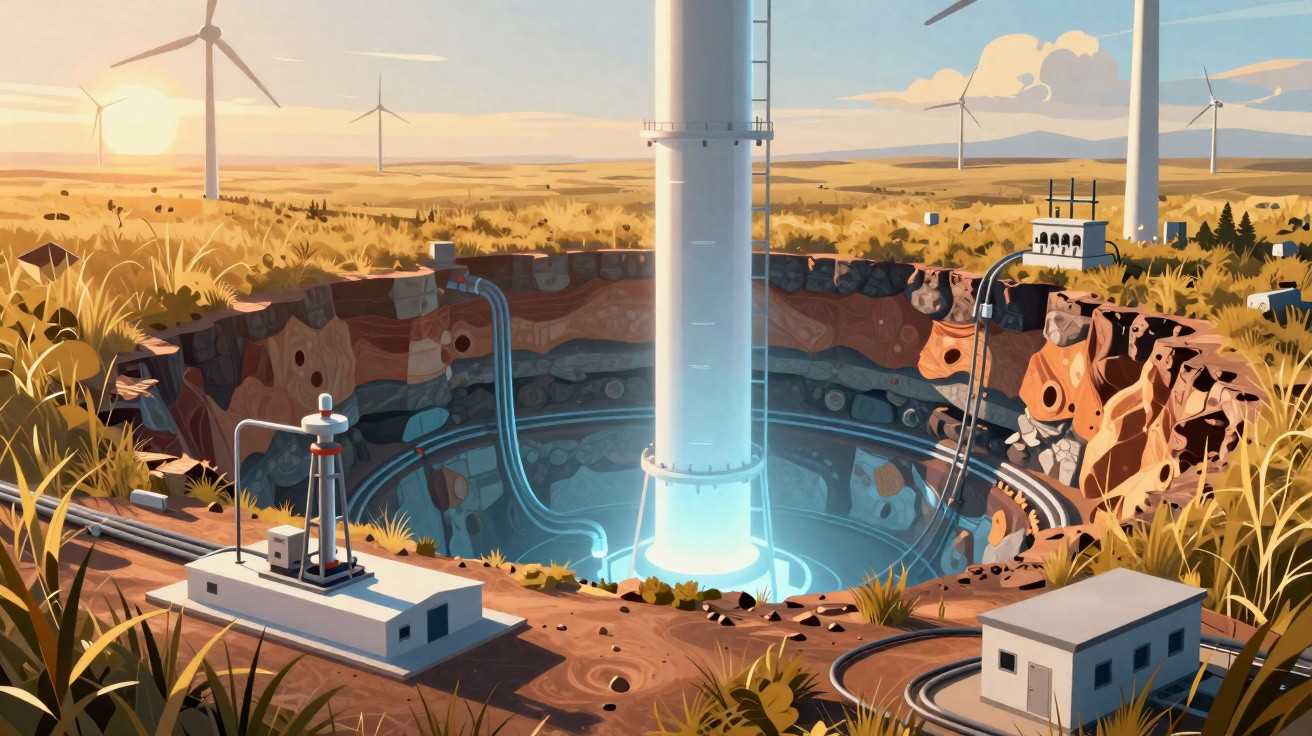 Ilustração de usina geotérmica com torre em cratera e turbinas eólicas ao fundo em campo aberto.