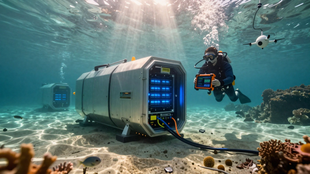 Mergulhador com equipamento e tablet próximo a servidores submarinos conectados no fundo do mar.