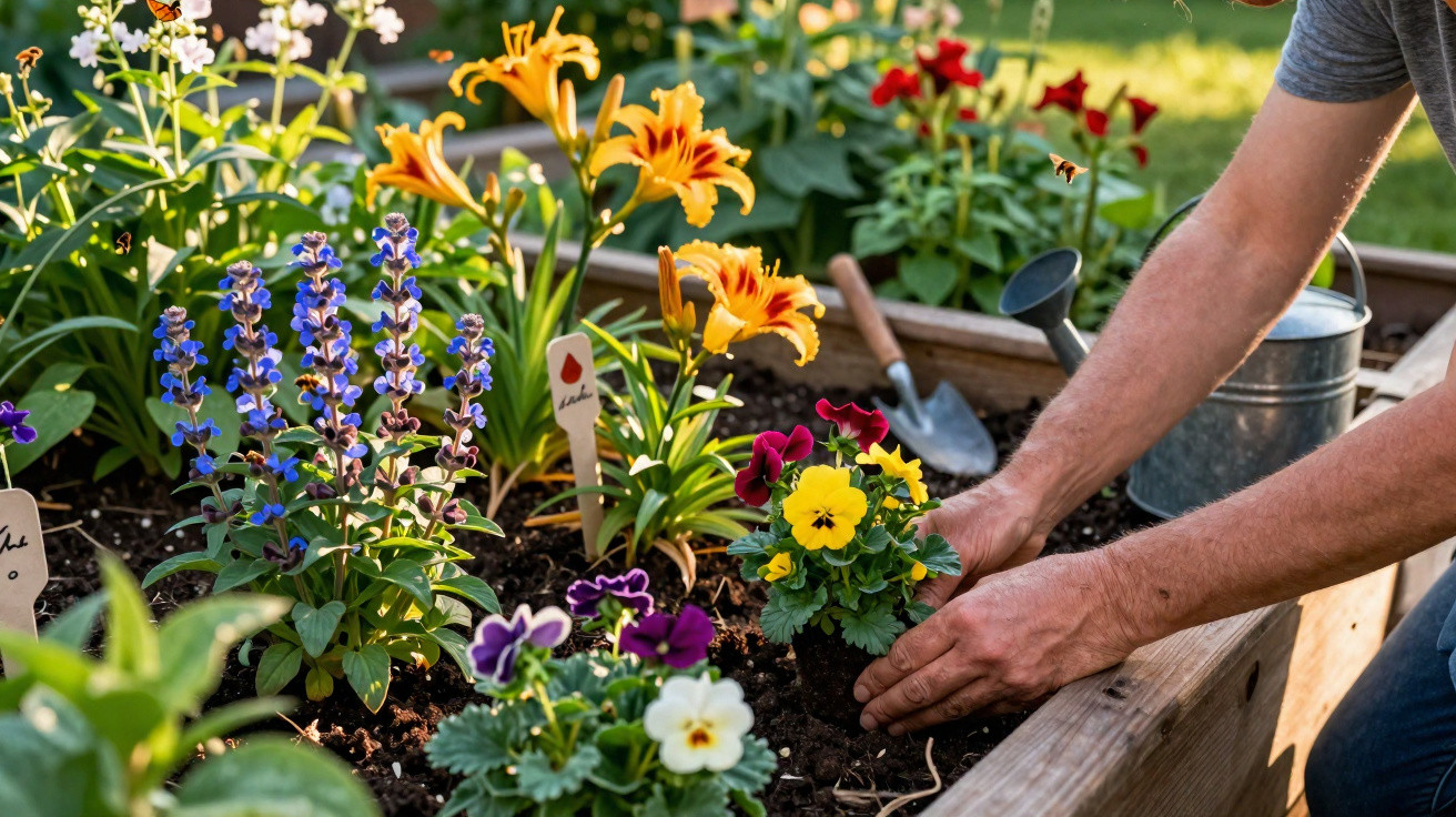 Pessoa plantando flores coloridas em canteiro de jardim com regador e pá de jardinagem ao lado.