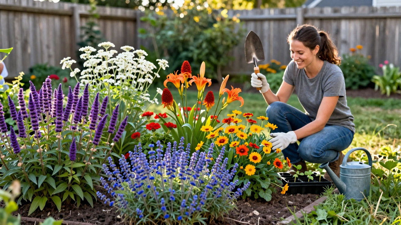 Mulher sorrindo cuidando do jardim com flores coloridas, usando luvas e ferramenta de jardinagem.