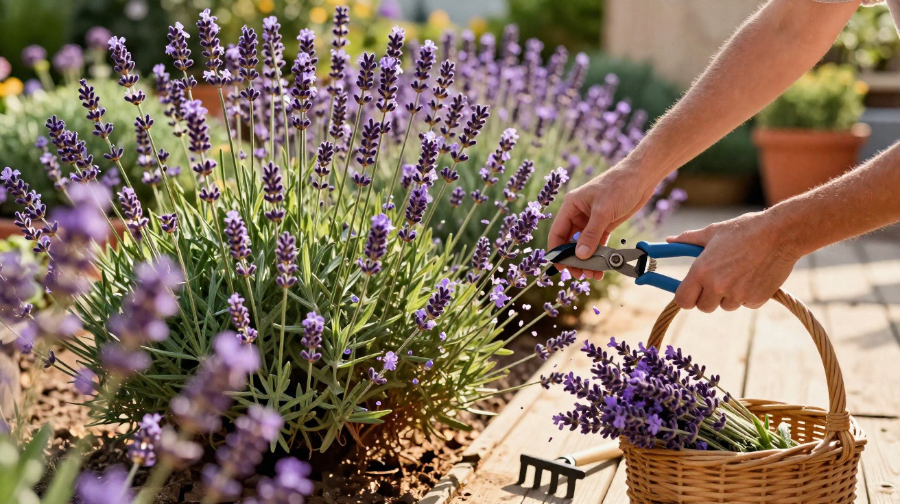 Pessoa colhendo flores de lavanda com tesoura de jardinagem ao lado de cesta e rastelo em jardim.