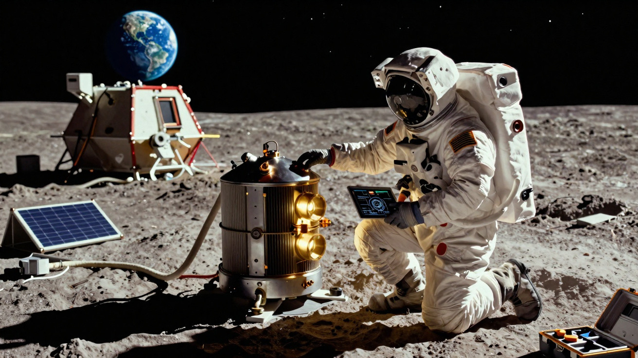 Astronauta em traje espacial operando equipamento na superfície lunar com a Terra ao fundo.