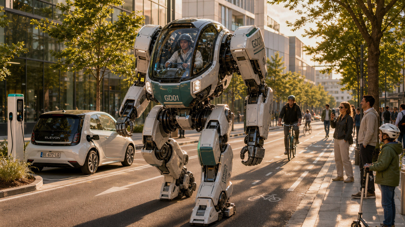 Homem dentro de robô gigante caminhando em rua movimentada, com pedestres e ciclistas ao redor, ao entardecer.