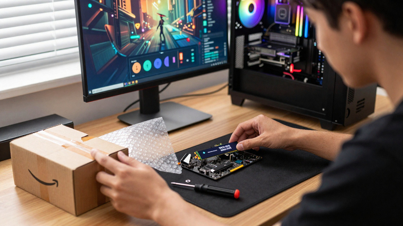 Pessoa instalando um SSD em placa-mãe com computador e monitor ligados em mesa organizada.