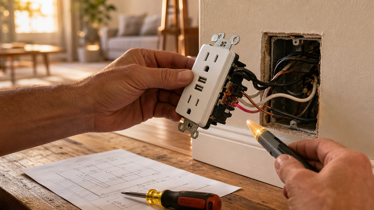 Pessoa instalando tomada elétrica com carregador USB em parede de ambiente residencial.