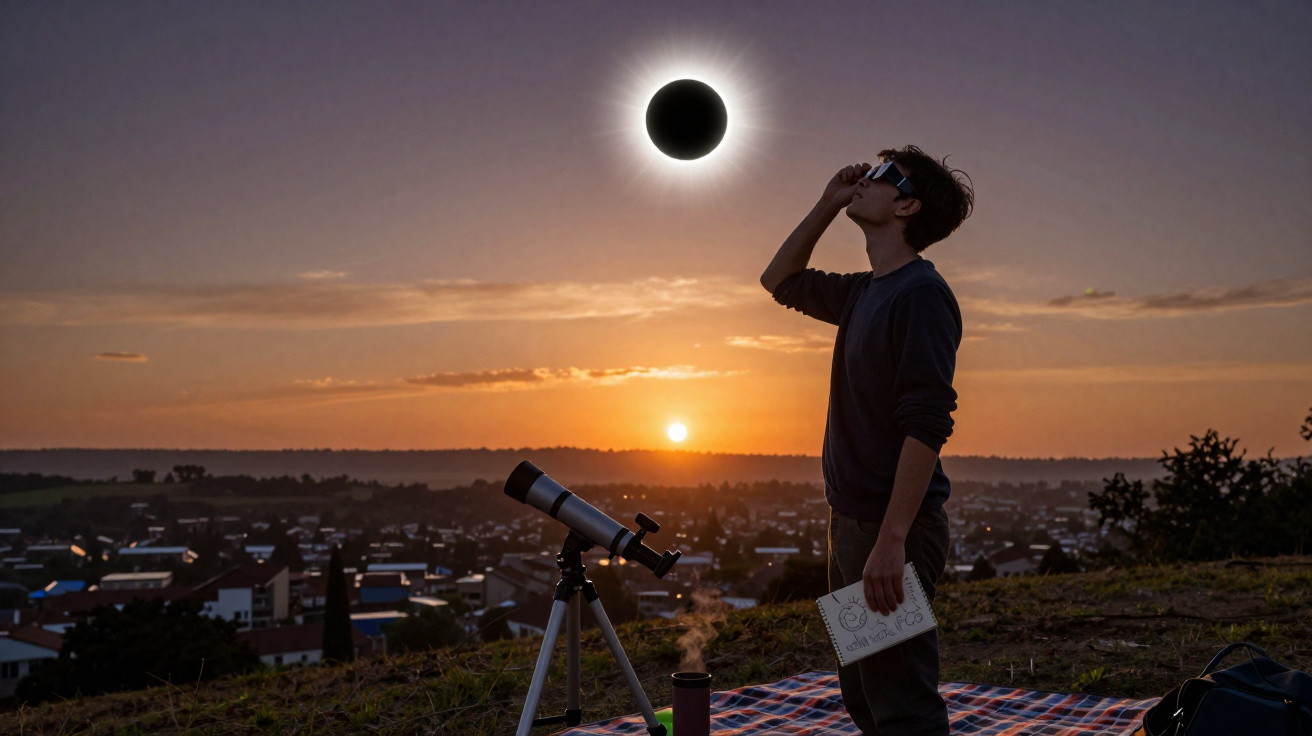Pessoa com óculos de proteção observa eclipse solar ao pôr do sol com telescópio em colina.