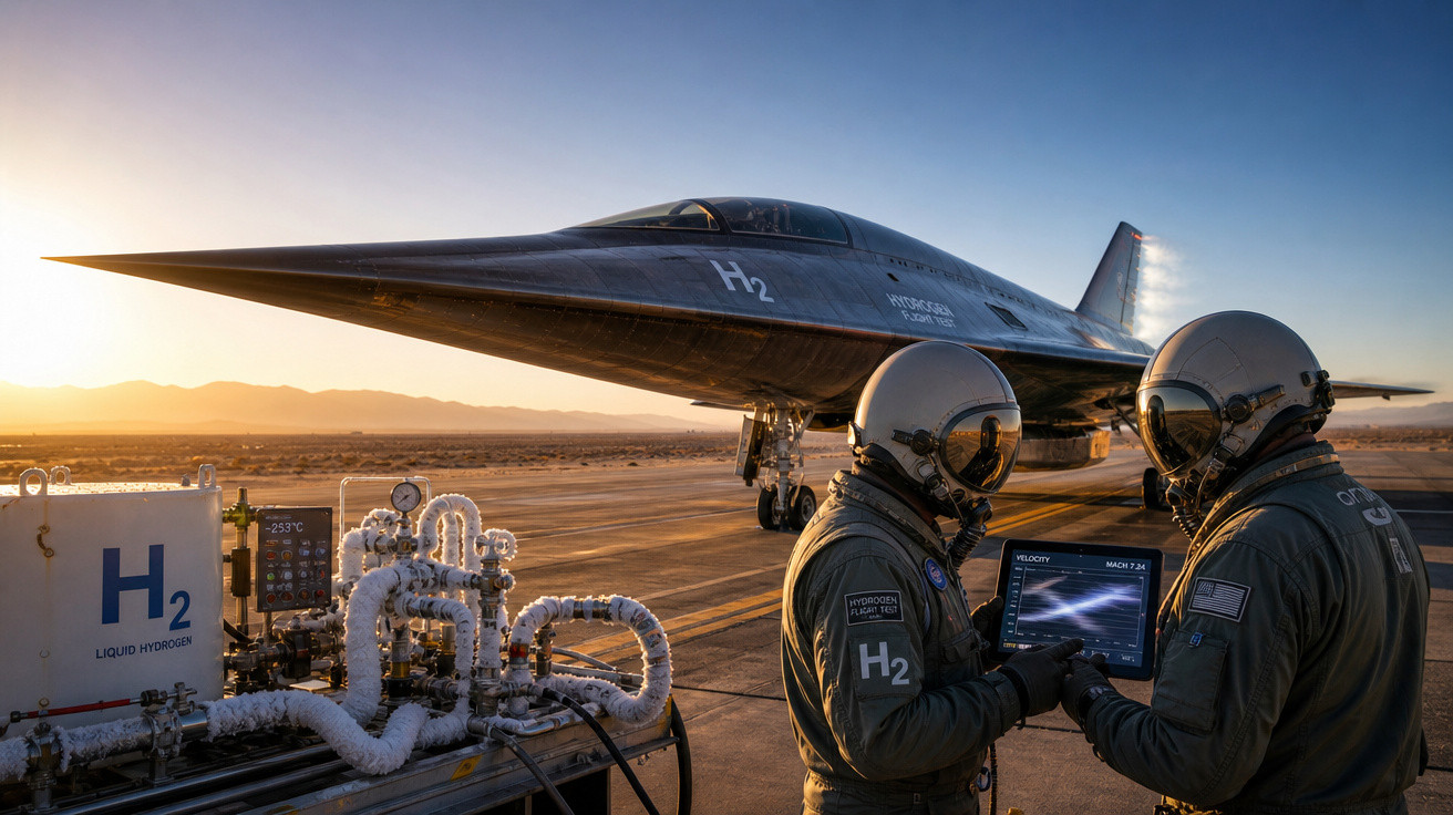 Dois astronautas com trajes espaciais perto de equipamento e jato experimental H2 em pista ao pôr do sol.