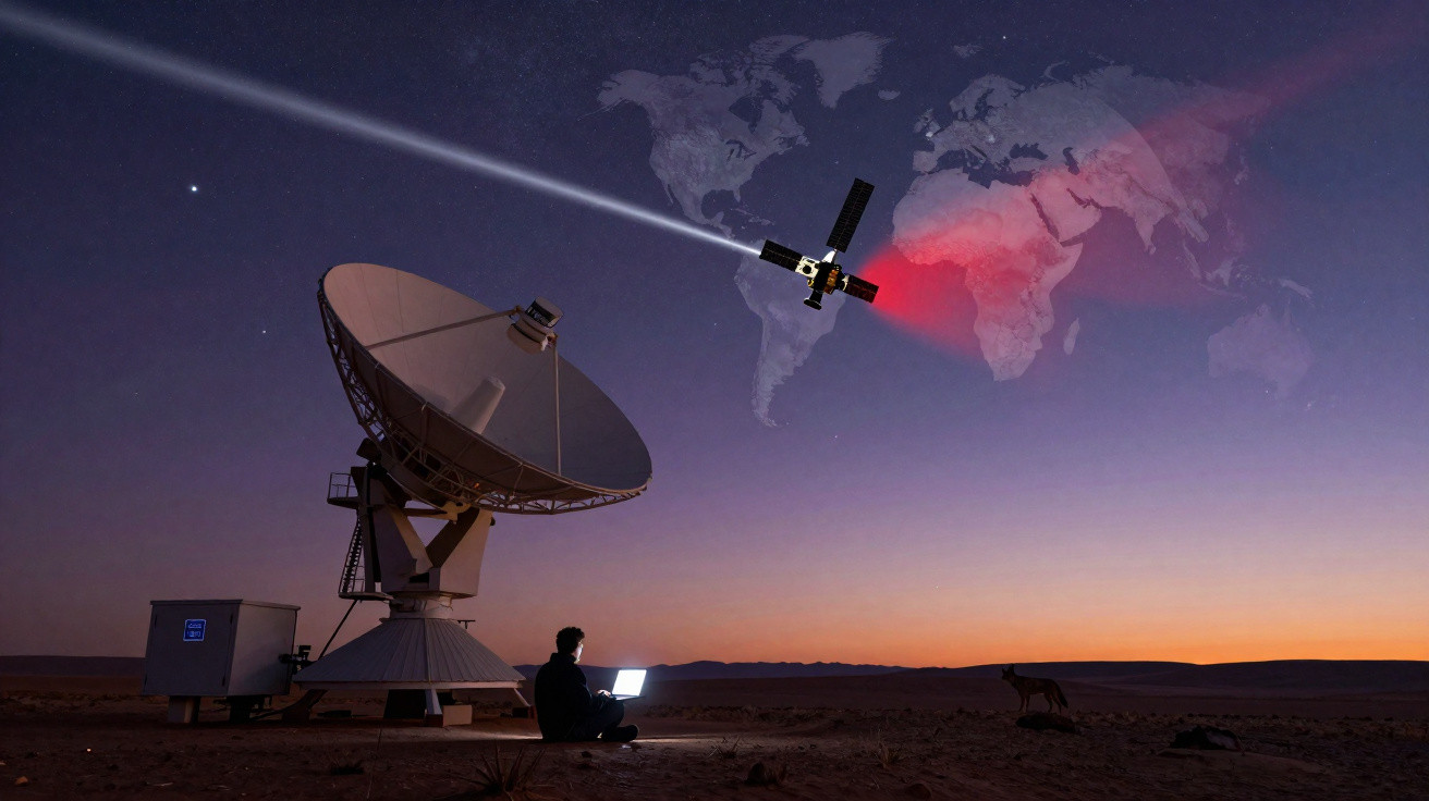 Pessoa com laptop perto de antena parabólica, satélite e mapa mundial iluminado no céu ao entardecer.