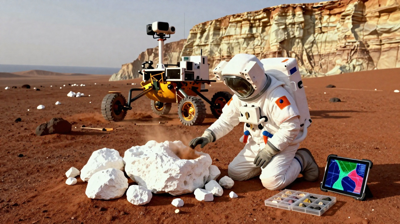Astronauta analisa rochas brancas em terreno árido com rover e tablet ao fundo.